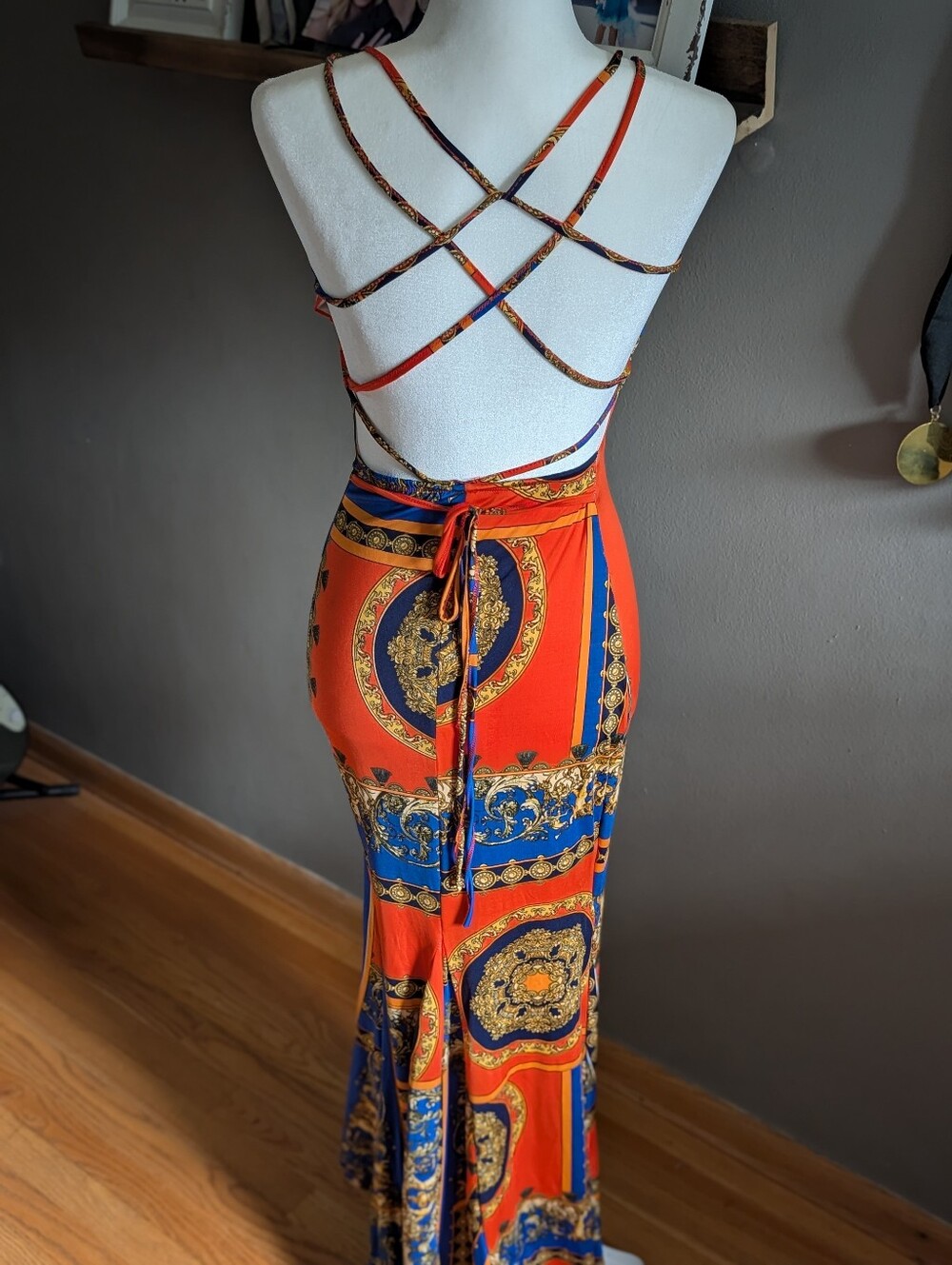 Love Nation Baroque Scarf Print Maxi Dress Size Small Orange Blue Strappy Back - Picture 3 of 7